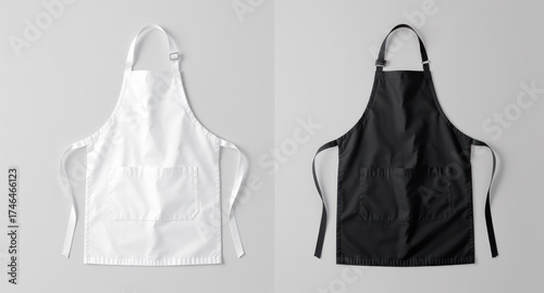 Two aprons, one white, one black, side-by-side on a neutral background