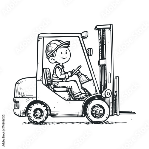 Forklift operation with a cheerful worker at a construction site. Vector illustration