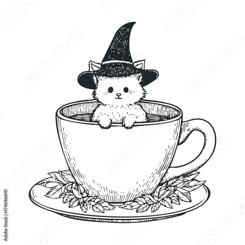 Cute cat in wizard hat sitting in a teacup for Halloween. Vector illustration