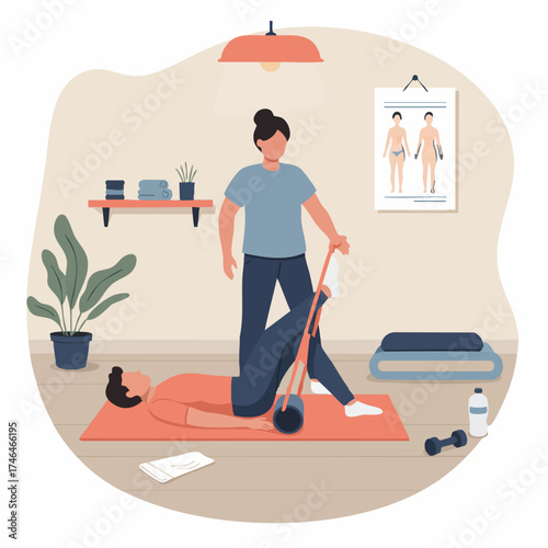Physical therapist assisting a patient with resistance band exercises in a studio setting