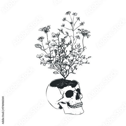Artistic representation of a skull with vibrant plant growth. Vector illustration