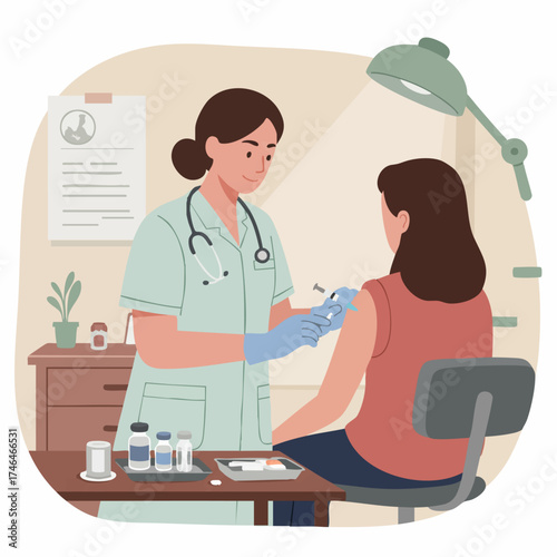 Caring nurse administers a preventive vaccine to a female patient in a doctor's office, highlighting essential public health and immunization programs