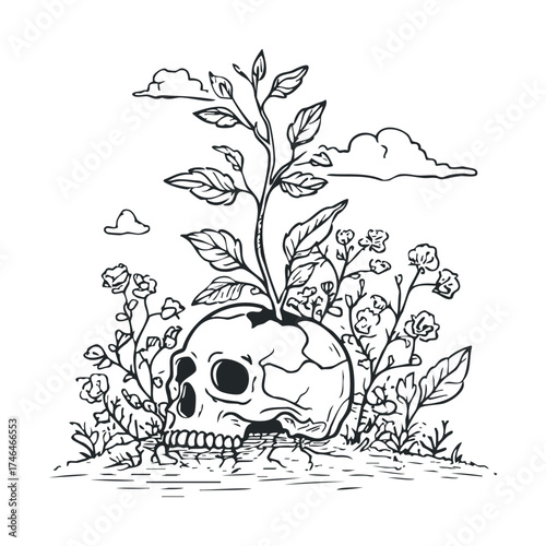 Nature reclaiming life from death with a skull and flowers. Vector illustration