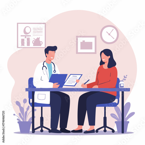 Medical consultation between doctor and patient at desk, doctor reviews chart with patient signing document