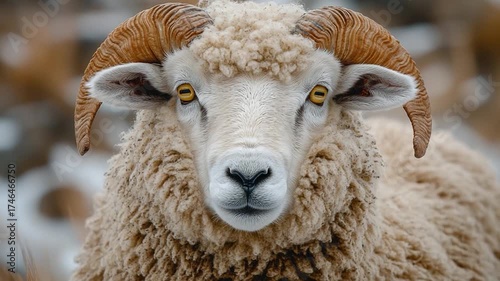 A close-up shot of a sheep with impressive horns, suitable for use in agriculture or wildlife-related contexts