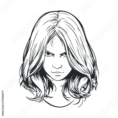 Bold female face with long hair expressing strong emotions for design. Vector illustration