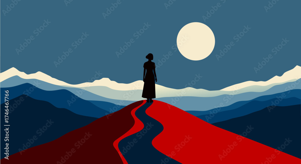 Φωτογραφία Solitary woman stands on a vibrant red path, gazing at the majestic moon over se