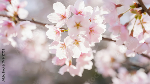 Close-up of delicate pink cherry blossoms in full bloom on a tree branch