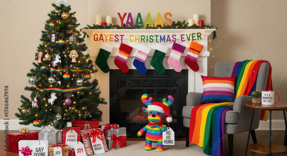 Obraz premium Colorful LGBTQ Christmas living room with rainbow decor celebrating inclusivity and joy.