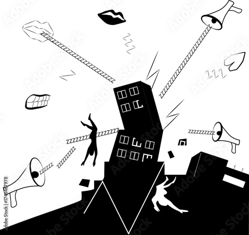 A surreal vector illustration of a leaning building with abstract human figures, megaphones, and lips in black and white. Propaganda and its consequences. The Tarot Tower