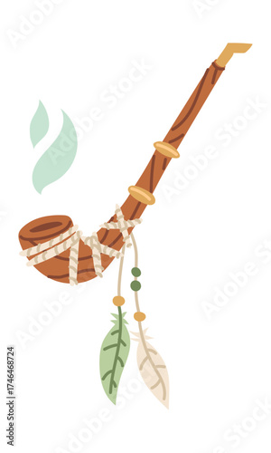 wooden peace pipe is decorated with threads, beads, feathers. A flat, colored illustration of an isolated object. An object of Native American Indians. Religious objects for rituals. History, ancient