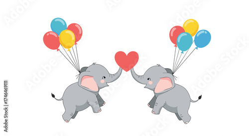 Two adorable elephants holding a heart with balloons.