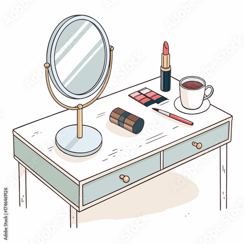 Minimalist Isometric Illustration of Vanity Table with Makeup and Coffee Cup