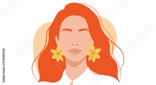 Fashionable woman with ginger hair wearing floral earrings and peach background.