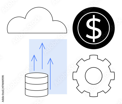 Cloud, database, growth arrows, dollar sign, and gear combine to represent cloud storage, data growth, financial management, technology progress and system optimization. Ideal for data management