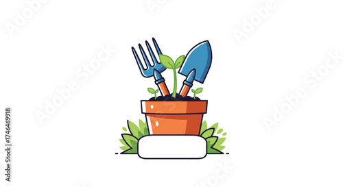 Gardening tools in a pot with a growing plant.