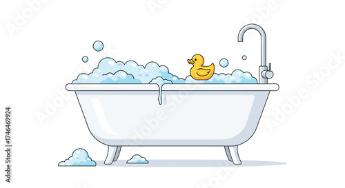 A clean white bathtub filled with soap bubbles and a yellow rubber duck.