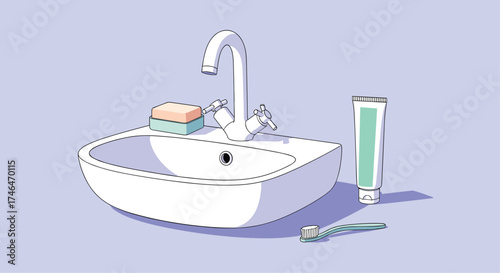 A sink with a toothbrush toothpaste and soap.