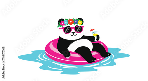 A cute panda wearing sunglasses and a flower crown floats in a pool.