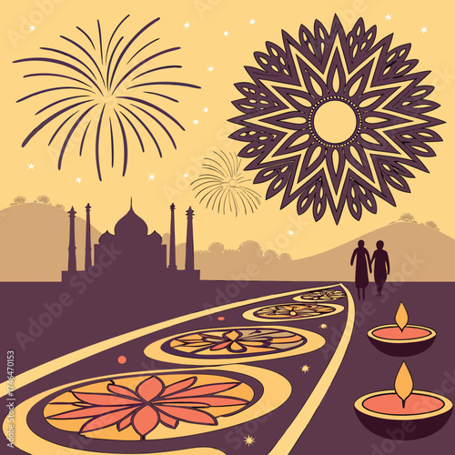 Diwali festival celebration with fireworks, diyas, and couple walking near Taj Mahal illustration
