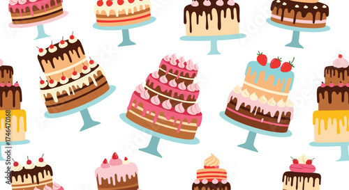 Sweet delicious cakes with frosting and fruit decorations.