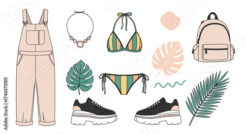 A summer vacation outfit and accessories collection.