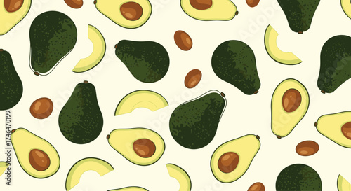 A delightful pattern of whole and sliced avocados with their pits.