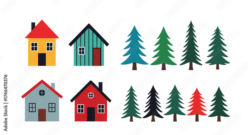 Naklejka premium Illustration of colorful houses and pine trees.