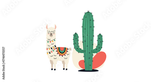 A cute llama standing next to a tall cactus in a desert landscape.