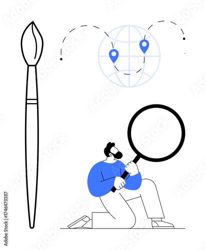 Person holding magnifying glass kneeling near globe with pins, large paintbrush beside. Ideal for creativity, exploration, research, discovery, globalization, curiosity innovation. Simple flat