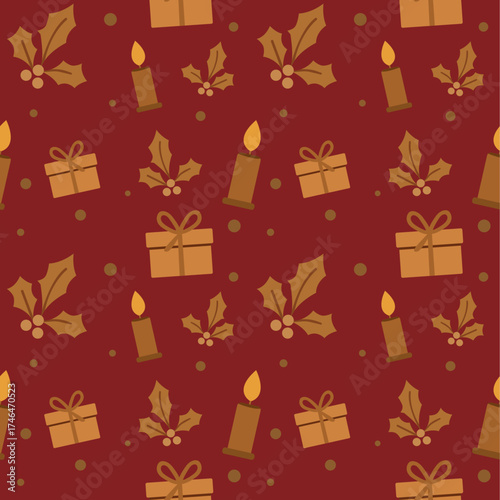 Christmas Seamless Pattern Vector: Cozy Candles, Holly Leaf, and Gift Boxes. Red Flat Design for Wrapping Paper, Fabric, and Backgrounds.
