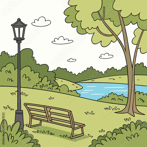 In the foreground, two wooden benches flank a tall, black old-fashioned lamppost. The ground is covered in green grass with small tufts of darker green plants and some simple blades of grass scattered