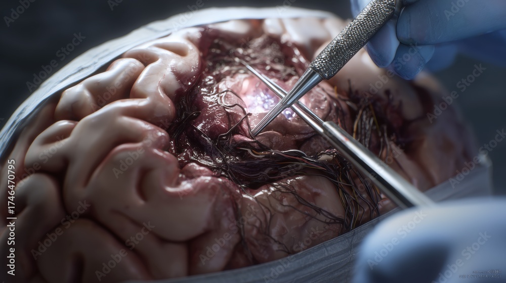 Fototapeta premium View from inside the brain from a neurosurgeon's perspective, showing a tumor, realistic view of surgical intervention, ultra-detailed textures, professional medical visualization,