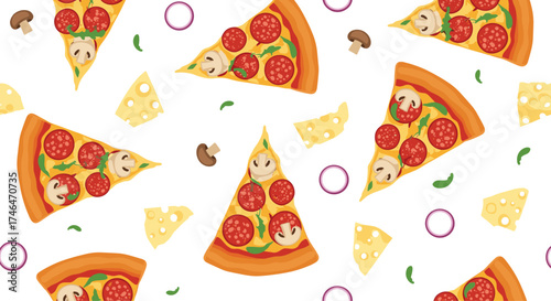 A delightful pattern of pepperoni and mushroom pizza slices with cheese and onion rings.