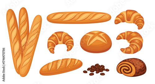 A delicious assortment of baked goods including croissants baguettes and sweet rolls.