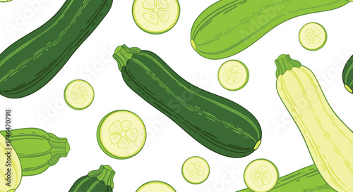 A repeating pattern of green and yellow zucchini squash and sliced zucchini.