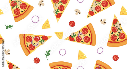 A delicious pattern of pepperoni pizza slices with toppings like mushrooms onions and cheese.