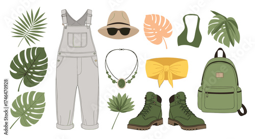 A vacation outfit with a backpack and accessories.