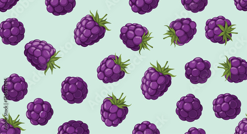 A playful pattern of ripe blackberries on a pale green background.