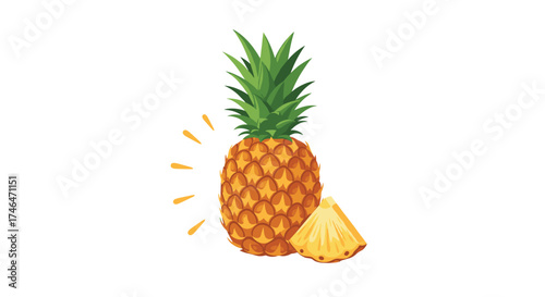 A ripe pineapple with a slice cut from its side showing its golden flesh.