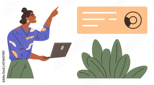 Woman holding a laptop and pointing at a data visualization panel. Ideal for business, education, teamwork, presentation, communication, analysis, growth. A simple flat metaphor
