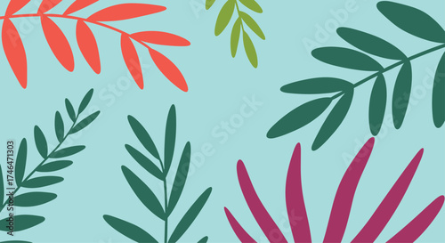Beautiful abstract tropical leaves pattern on a light blue background.