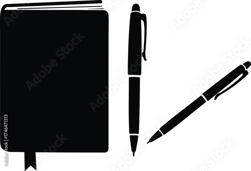 Stationery silhouettes illustration, notebook and pen icons, writing tools design, educational office graphic, minimal stationery artwork, professional study symbol set