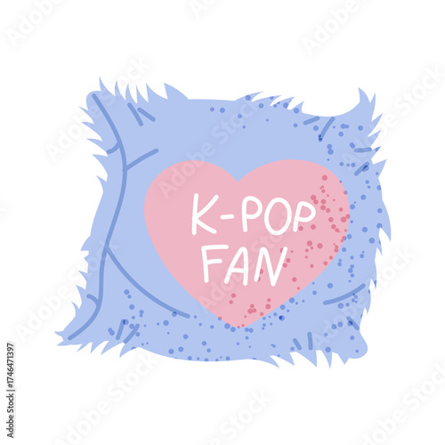 Soft pillow with heart and text FAN, support for Korean K-pop celebrities by fans. Flat color illustration with texture. Souvenir, fluffy fur pillow support. Youth fashion. Love for South Korea