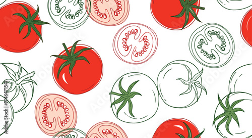 Vibrant red tomatoes and their slices create a lively fresh pattern.
