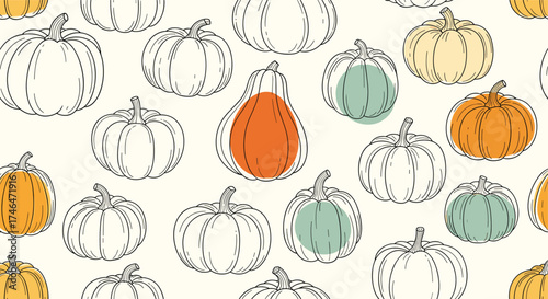 A delightful collection of hand-drawn pumpkins in various styles and colors.