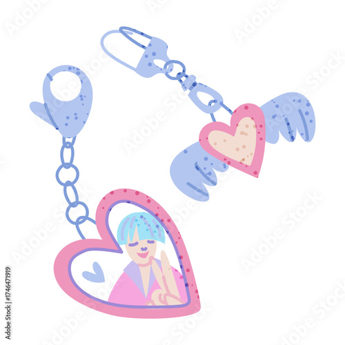 Keychain with photo of a boy, heart with wings, supported by fans of Korean K-pop celebrities. Flat color illustration with texture. Photo of an idol in a keychain frame. Love for South Korea