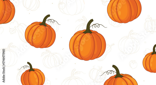 A cheerful pattern of plump pumpkins fills the frame.