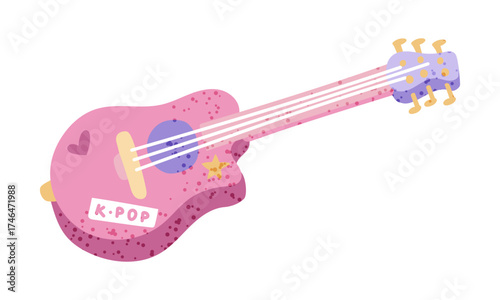 Pink guitar with stickers, support from fans of Korean K-pop celebrities. Flat color illustration with texture. Musical item for performances at concerts by musician. Youth fashion. Love South Korea