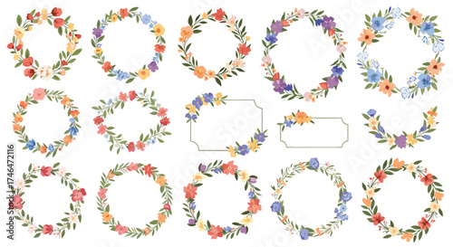 A collection of delicate floral wreath and frame designs.